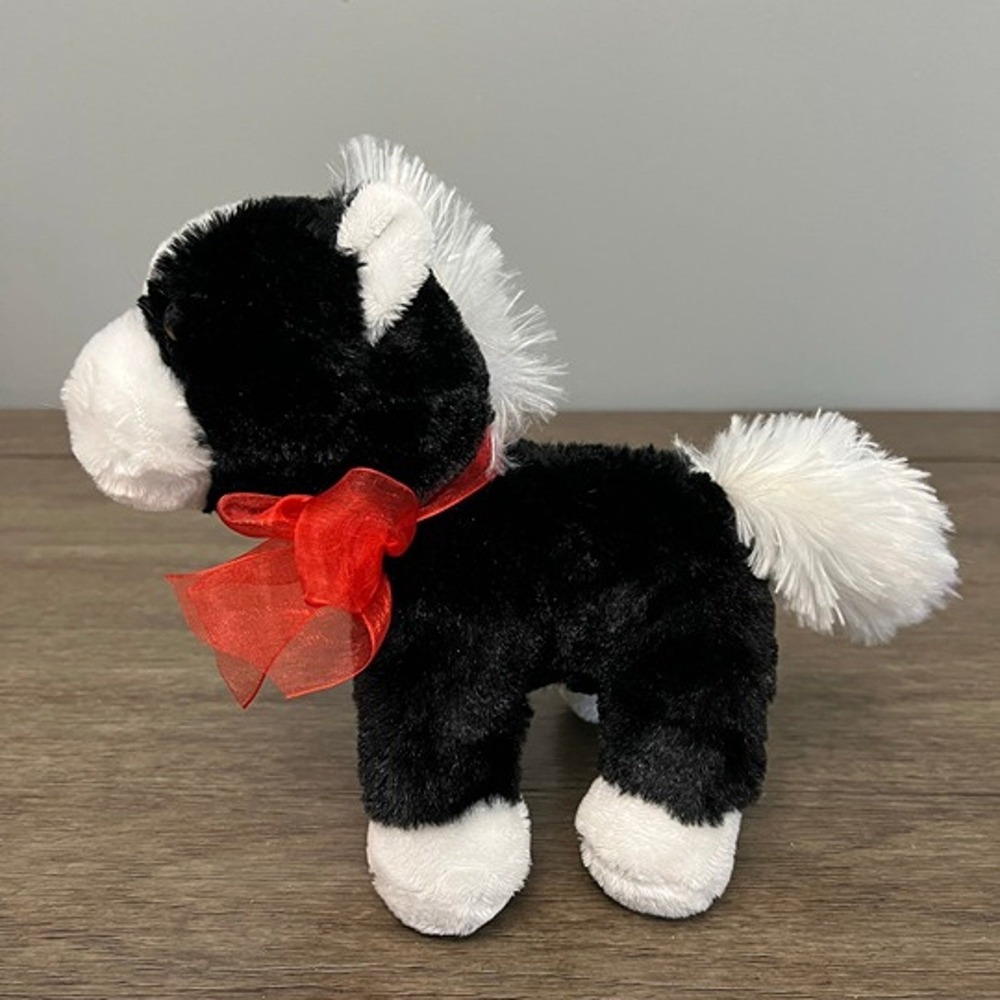 MTY International Black White Horse Pony Plush Stuffed Animal Red Bow Toy 2020